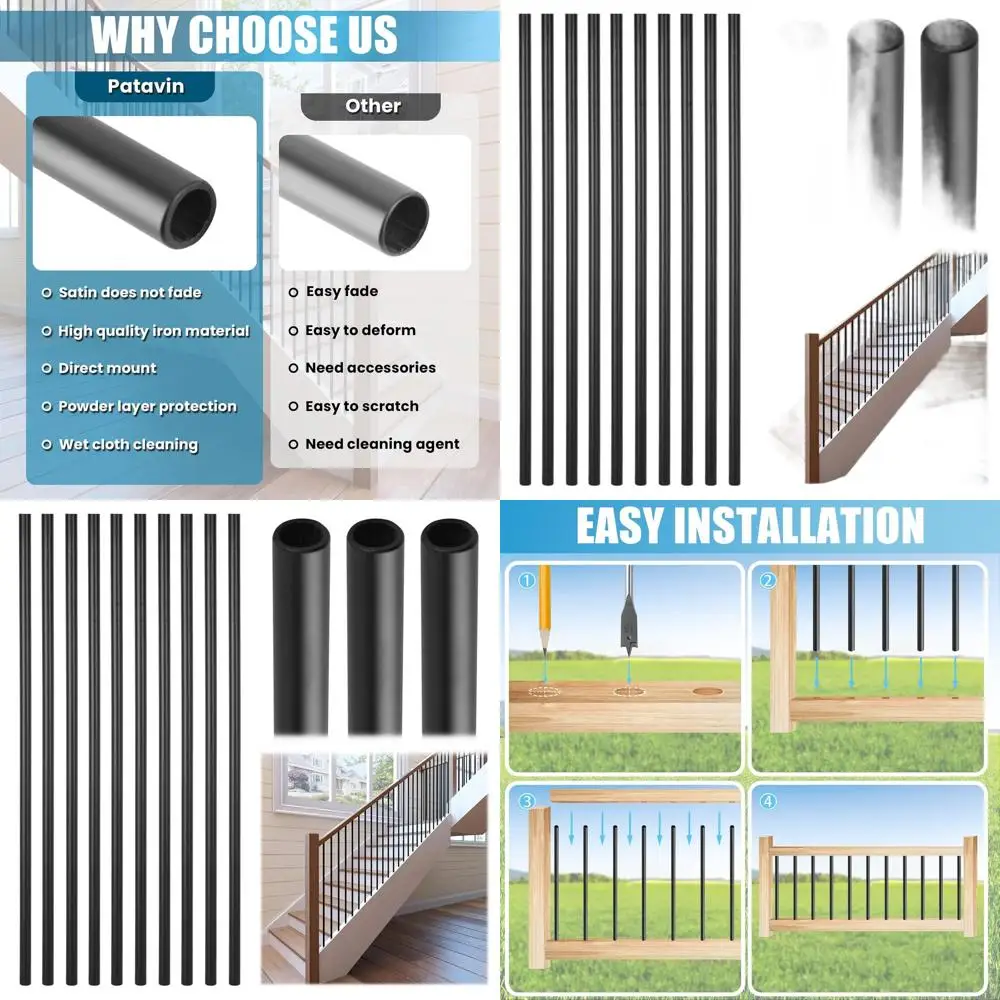 

5/8 Round 44 Hollow Wrought Iron Balusters, 30-Pack, Satin Black for Indoor Staircases