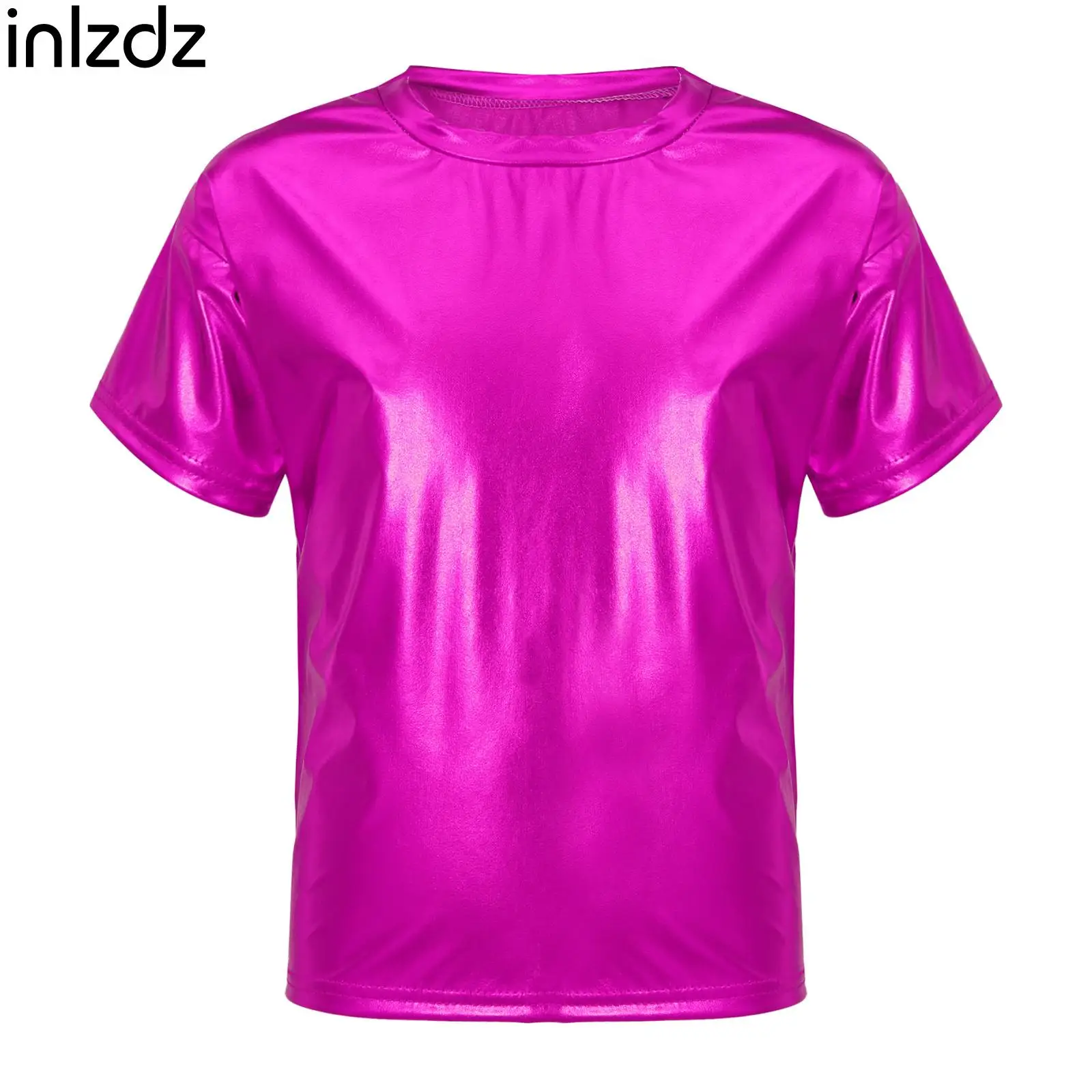 

Kids Boys Girls Shiny Metallic Dance Tops Short Sleeves T-Shirt Modern Jazz Hip-hop Dance Costumes Performance Dancewear