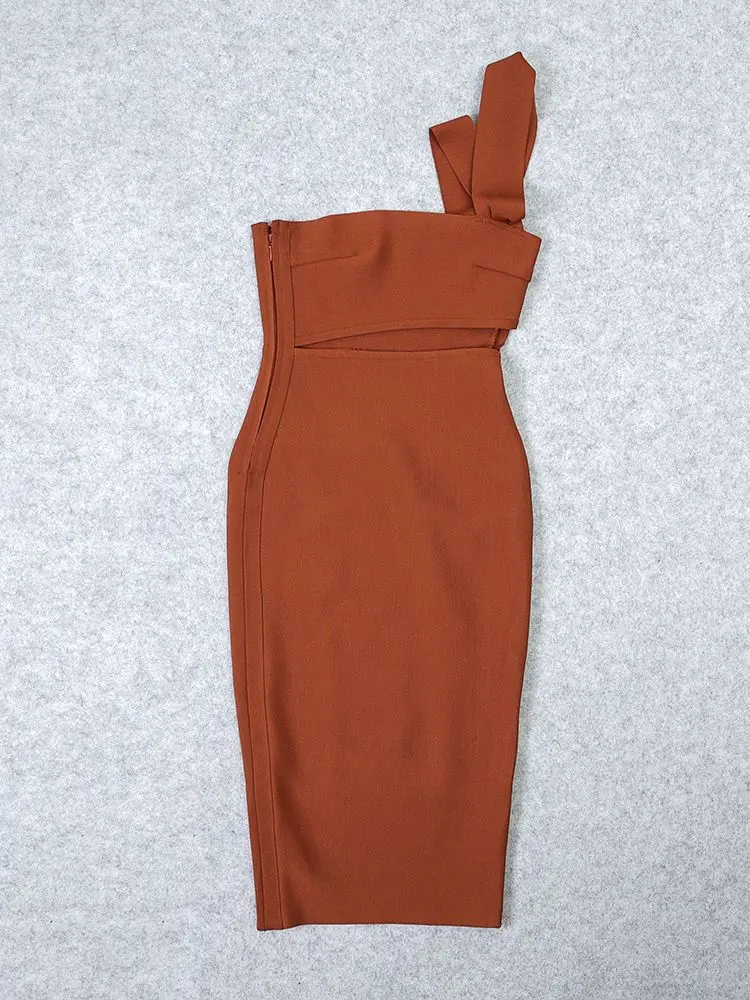 ปาร์ตี้ตัดออกBodycon Hollow Zipper Vestidos XLเซ็กซี่ฤดูใบไม้ผลิหนึ่งไหล่Halter BANDAGEชุดราตรีสีน้ําตาล 2025 ผู้หญิง