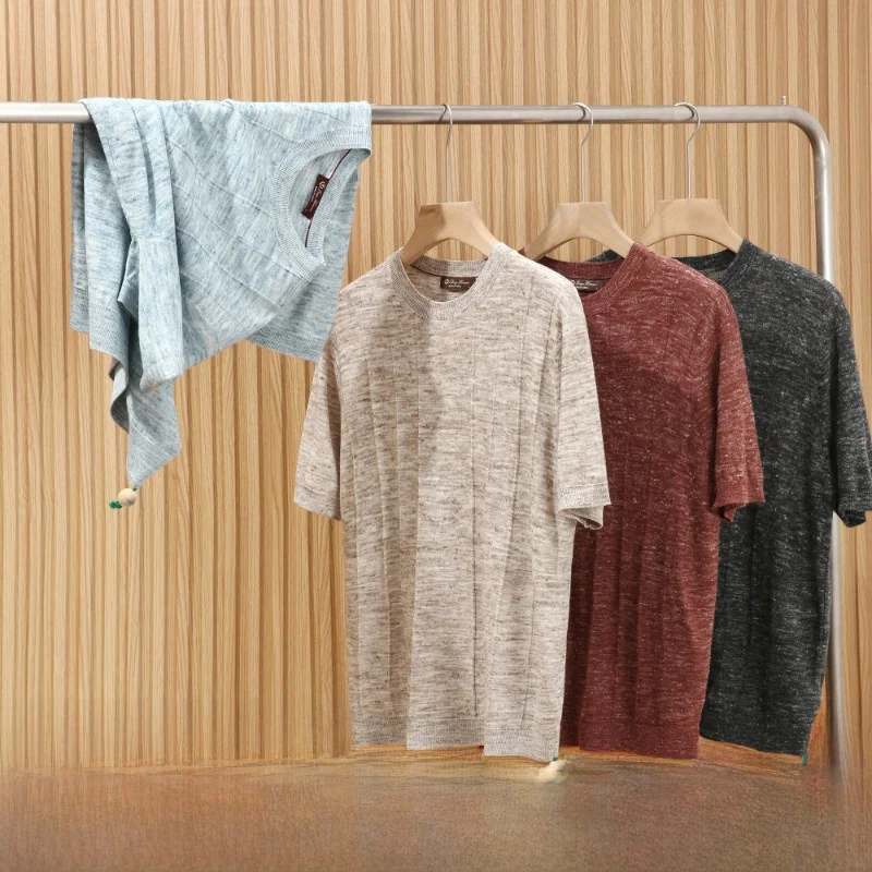 

16 Needle Knitting Machine Process Luxury Lightweight Summer Men's High End Texture Linen Short Sleeve T-Shirt Breathable rou...