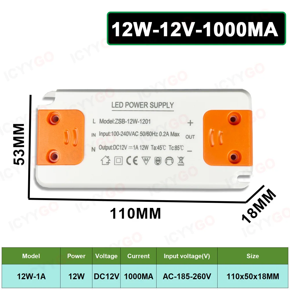 LED-voeding DC12V 12W 18W 24W 36W 60W 120W Verlichtingstransformator LED-voeding 1A 1,5A 2A 5A 10A voor LED-lichtstrip
