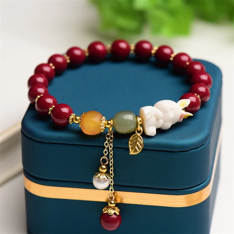 

Natural Beeswax Cinnabar Hetian Jade Purple Gold Sand Haoyun Beads Retro Bracelet Women's Benmingnian Zodiac Rabbit Hand Jewelry