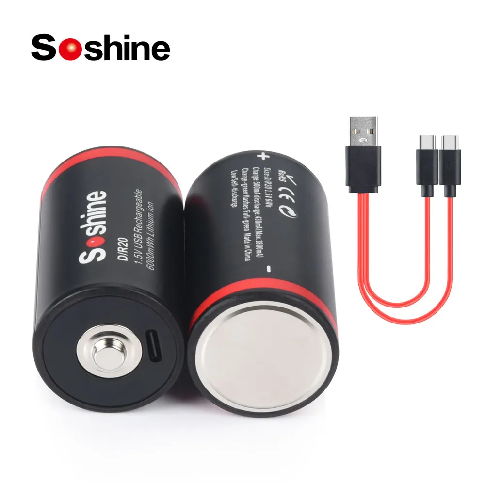 Soshine 1.5V USB Rechargeable Batteries High Capacity 6000mWh Lithium Battery D Size Li-ion Battery for Clocks Remote Flashlight