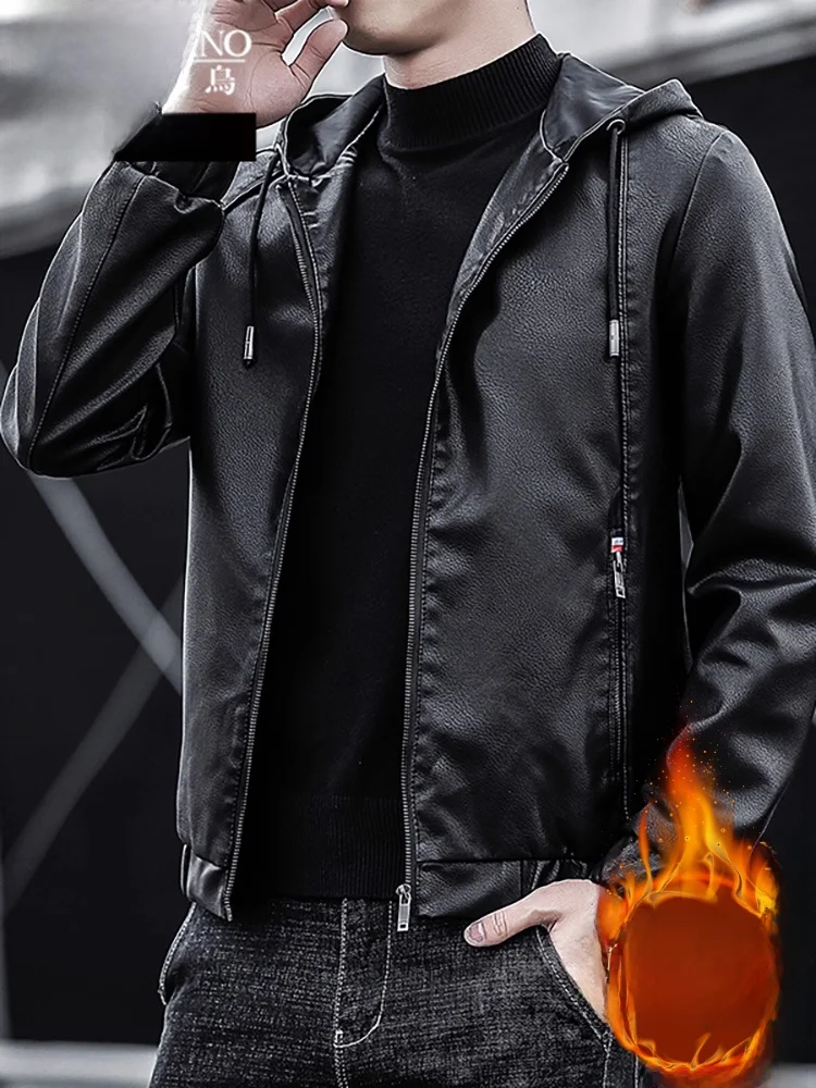 

Thiened Fce Men's Leather Jaet Autumn Winter New Arrival Windproof Casual Sle Zipper Closure Hooded Coat for Youth