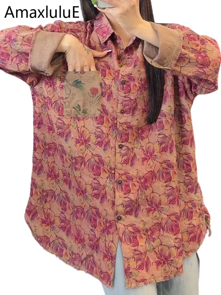 

Amax LuluE 2026 Spring Women Fashion Printed Shirts Loose Casual Linen Cotton Tops Ladies Classic Floral Vintage Elegant Blouses