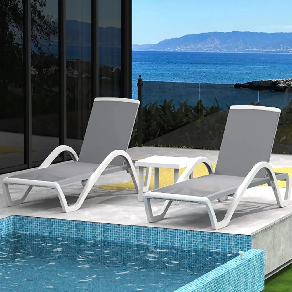 Chaise Lounge Chair 2 Chairs W/Table, Outdoor Aluminum Polypropylene Sunbathing Chair with Adjustable Backrest, Side Table