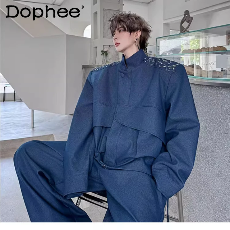 

2025 Men's Autumn New High-End Stand Collar Padded Shoulder Denim Jacket Sets Men's Wide-Leg Long Pants Stylish Two-Piece Sets
