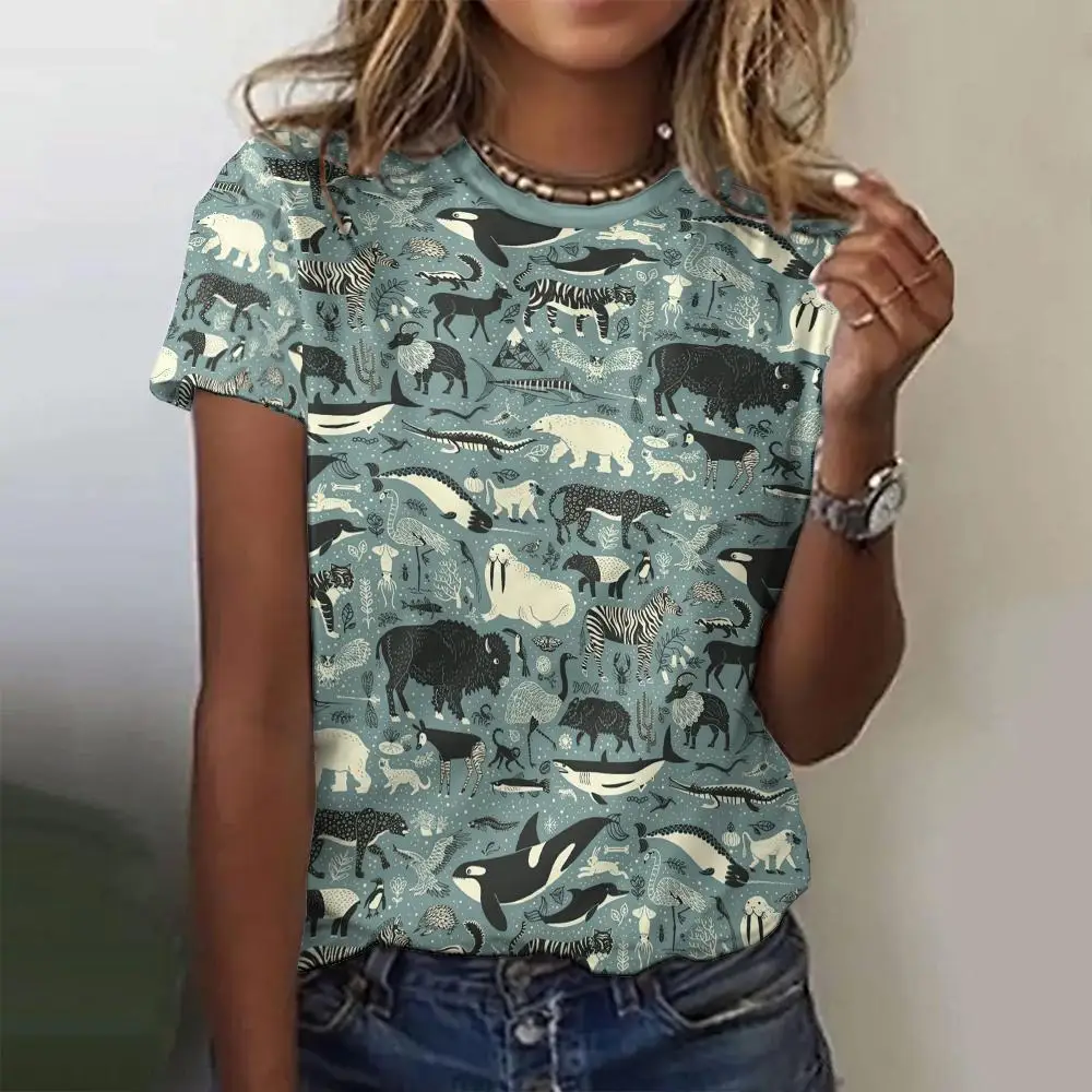 Women T-Shirts Marine Animals Print Casual Pullover 2024 Summer Loose Short Sleeves Oversized Tee Shirt Fashion Female Clothing