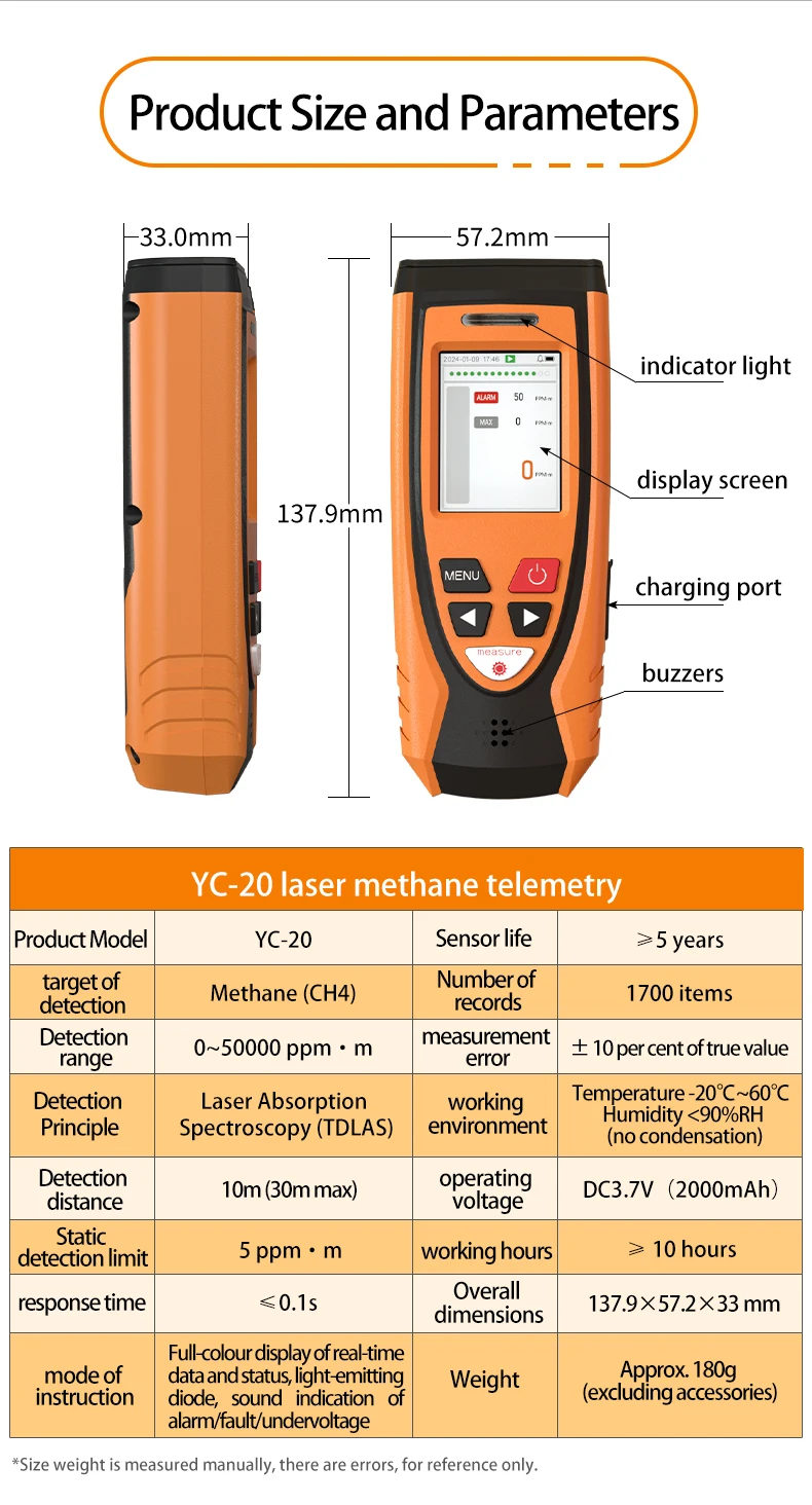 Aikesi Portabel YC-20 Laser Metana Kebocoran Instrumen Jarak Jauh Detektor Konsentrasi Gas Metana Genggam Detektor Laser CH4