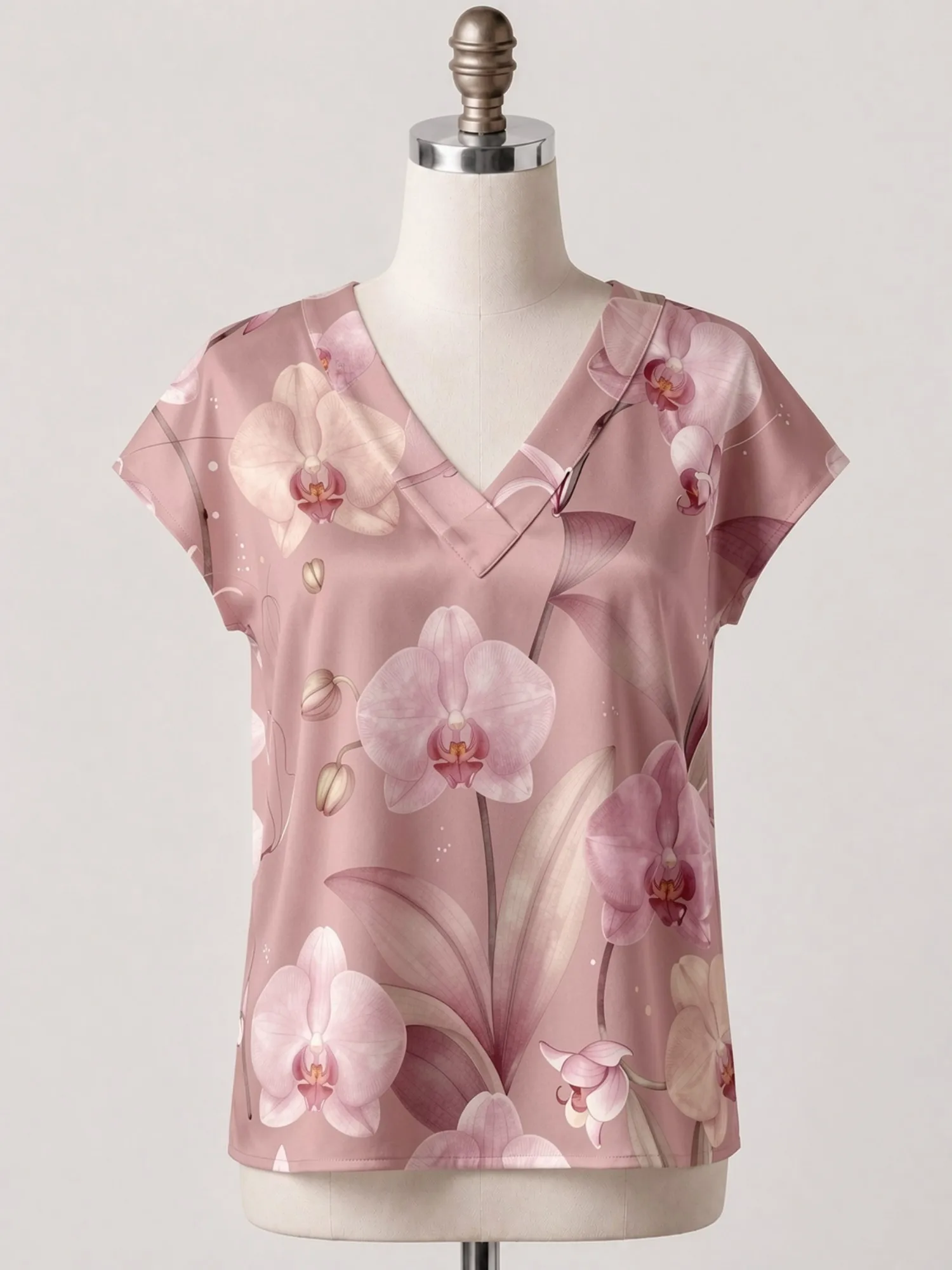 Floral Satin V Neck Top for Women Cap Sleeve Relaxed Draped Fit Silky Garden Party Daily Wear Lightweight Breathable Lovely Airy