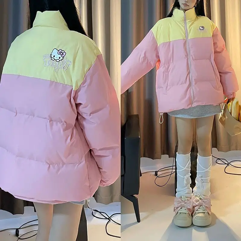 Sanrioed Hello Kittys Cotton Parkas Women Winter Harajuku Down Jackets Patchwork Loose Zipper Coat Casual Warm Jacket Student