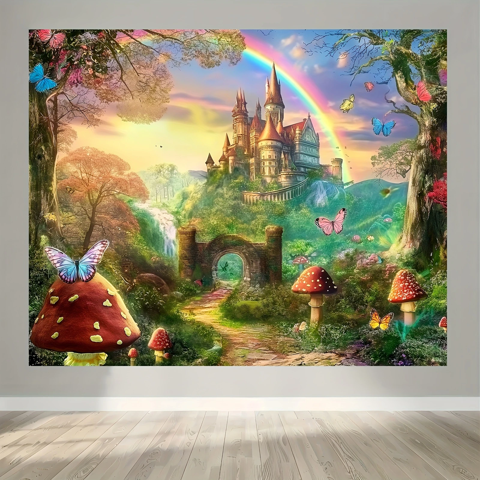 Fairy tale fantasy world castle background cloth: charming forest, rainbow and castle, parties, weddings, birthdays