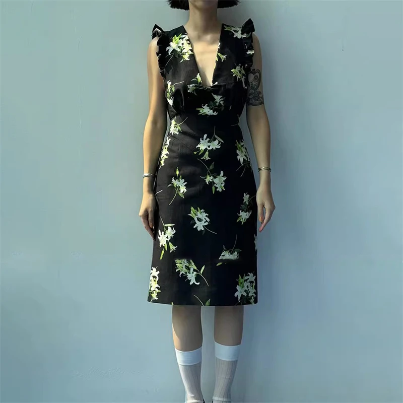 

Summer 2025 new bow deep V-neck flying sleeve Mini dress Y2K high quality fashion casual wool blend holiday print dress