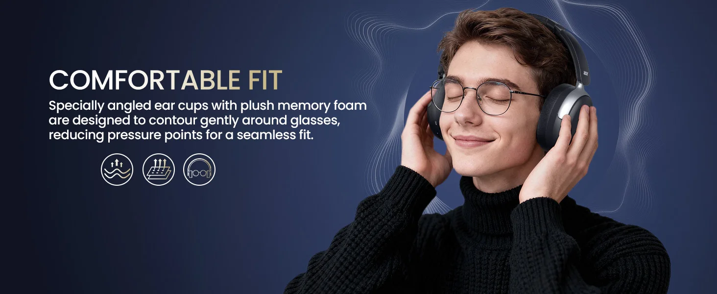 Acer OHR516 ANC Kabelloser Kopfhörer mit Geräuschunterdrückung, hochauflösender räumlicher Audio-Kopfhörer, Bluetooth-Over-Ear-Headset, 40 mm dynamischer Treiber – Detail 4