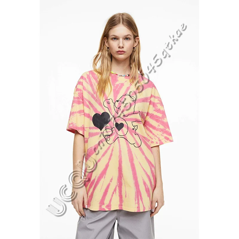 

Summer Contrasting Tie Dye Orange Women's T-shirt Round Neck Loose Short Sleeved Cute Bear Print Top Casual Tee
