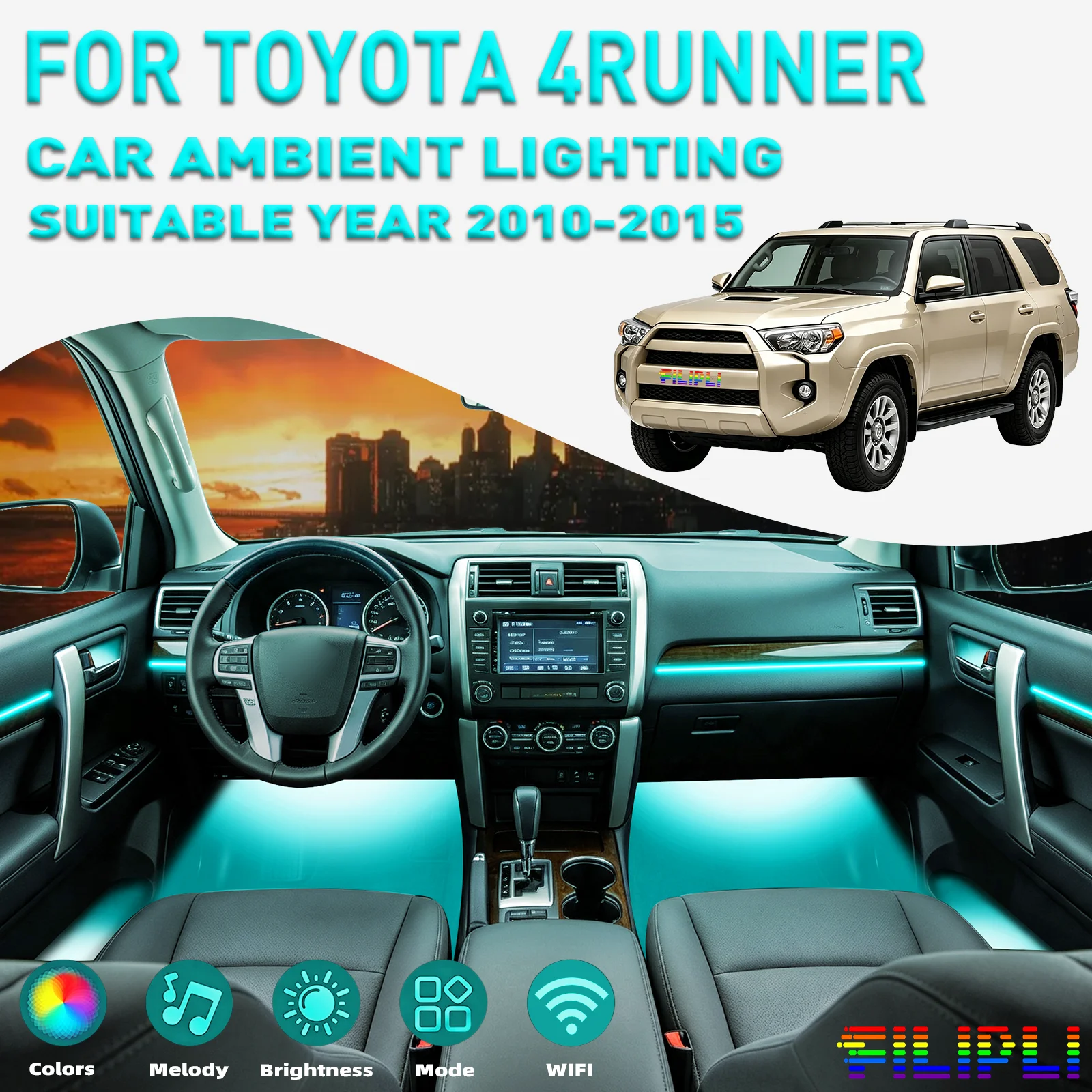 For TOYOTA 4Runner 2010‑2015 18 Lights Kit 256 Colors RGB 18 in 1 Hidden Acrylic LED Strip Multi‑level Brightness Neon Light Strip Step Dimming Settings Vehicle Interior LED Tuning Accessories Offroad Custom Decor Parts