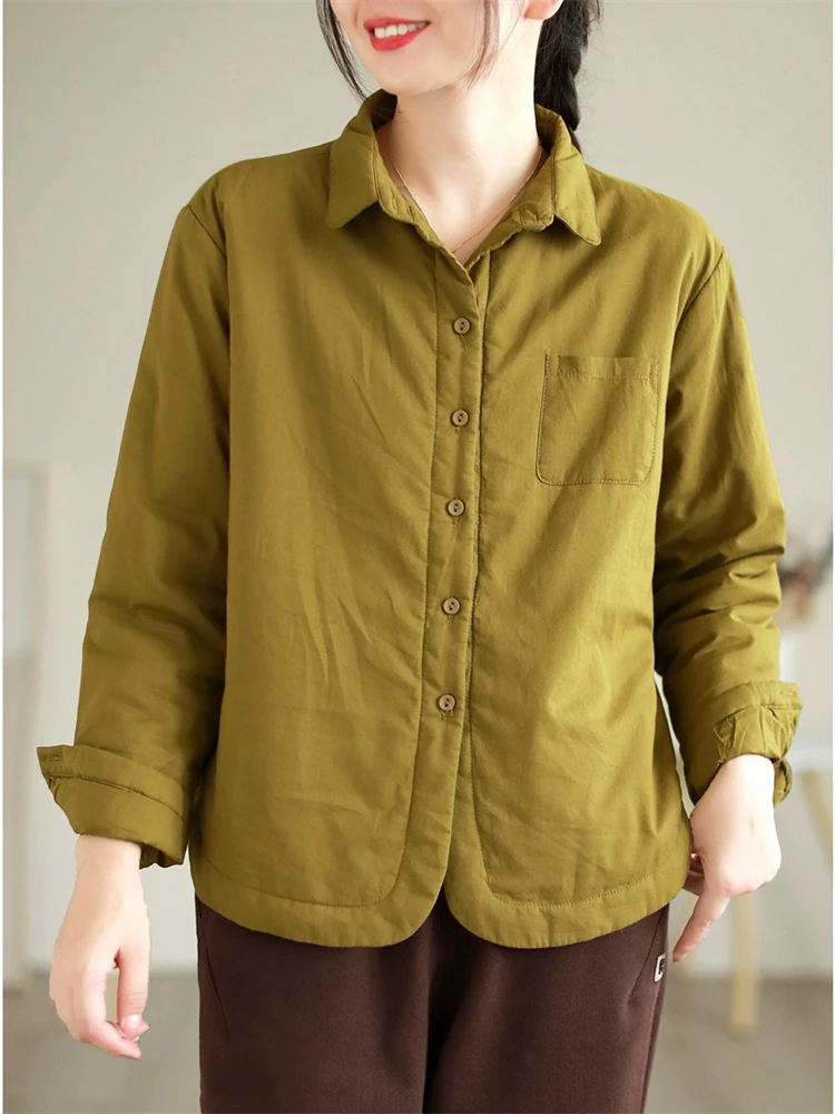 

Women's Winter Fall Fashion Comfortable Warm Cotton Padded Casual Shirt Female Solid Color Long Sleeve Simple Vintage Blouse Top