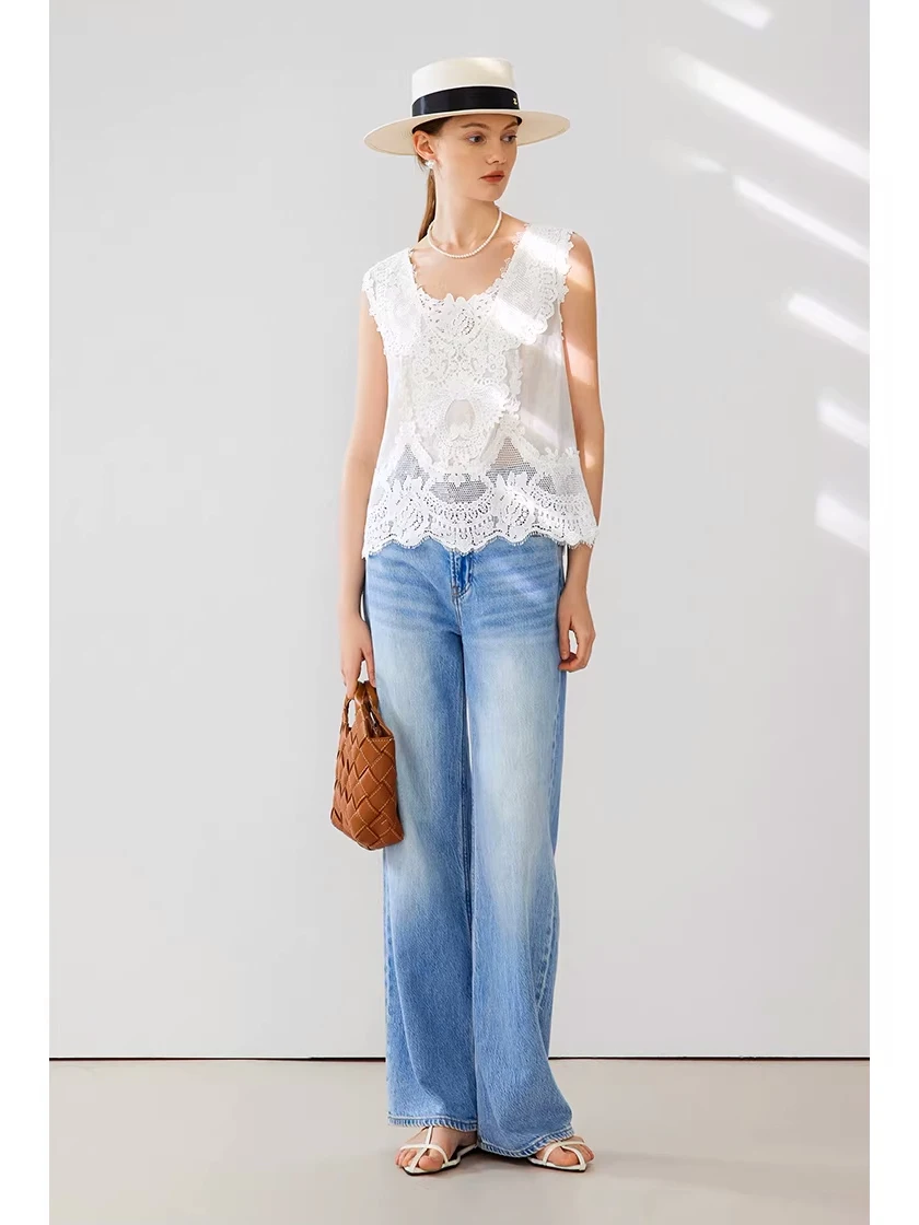 

Ele Embroidered Lace Hollow out Wide oulder Vest Top JUE Multi Use Versatile Linen Blend Women's Faion Summer Wear