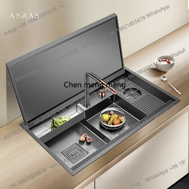 Nanometer Black Flip Cover Hidden kitchen Sink 304 Stainless Steel 4mm Thickness Handmade Stepped Sinks Cup Rinser Sinks