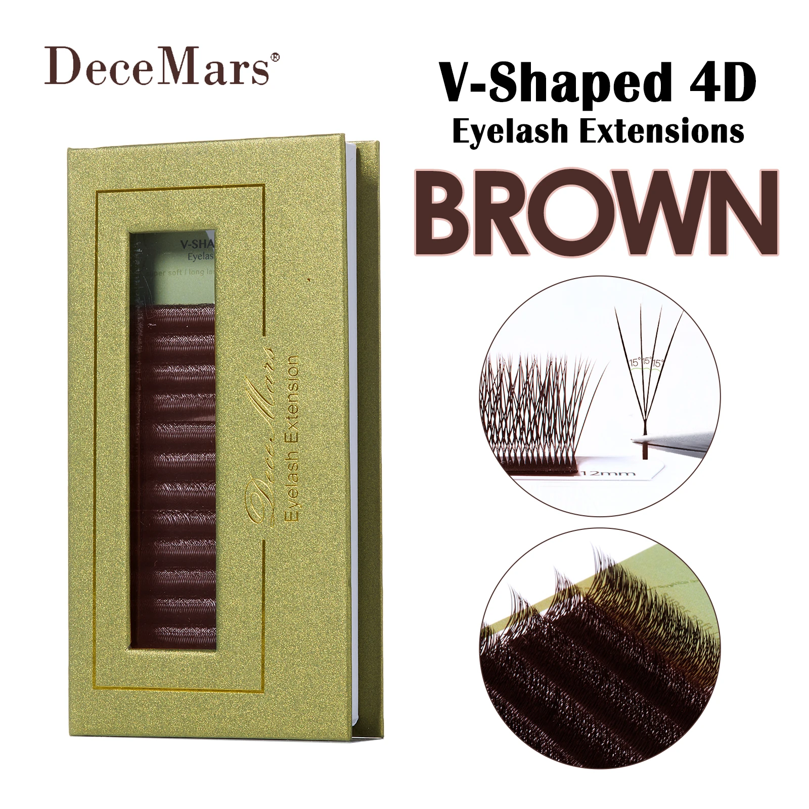 DeceMars V-förmige 4D Wimpernverlängerungen Braun 12 Reihen/Tray für Make-up