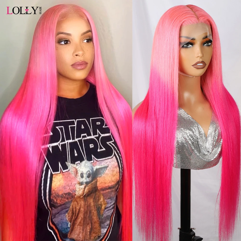 

Lolly Hair Ombre Pink Transparent Lace Front Wigs Pre Plucked Straight 30 inch Rose Pink Human Virgin Hair Wigs