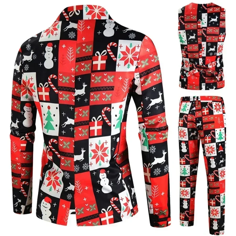 New Men's 3 Piece Christmas Sets Blazers+Vest+Pants 2024 Xmas Printed Men Suit Set Party Stage Dress Up Style Costume Streetwear