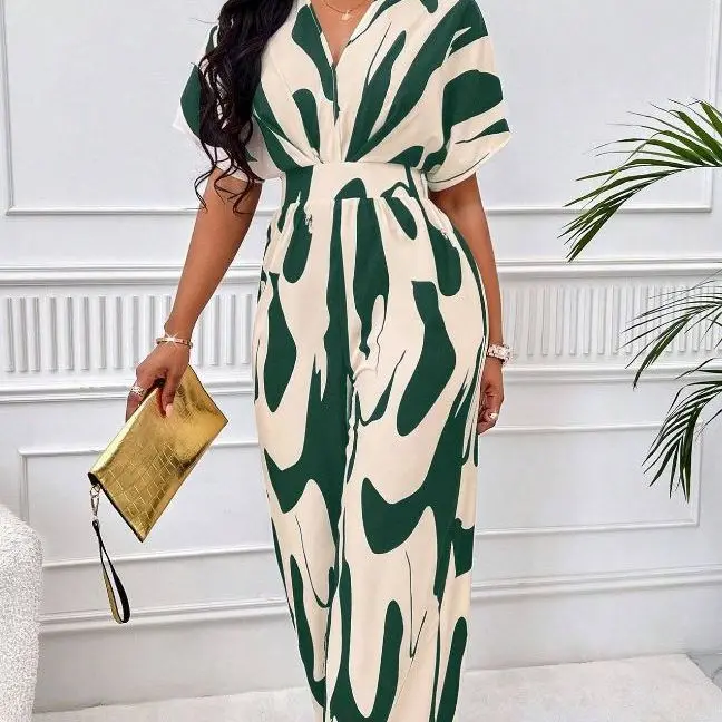 Casual Wide Leg Print Jumpsuit Women Summer Fashion V-neck Short Sleeve Jumpsuits For Women 2024 Boho High Wasst One Piece Set