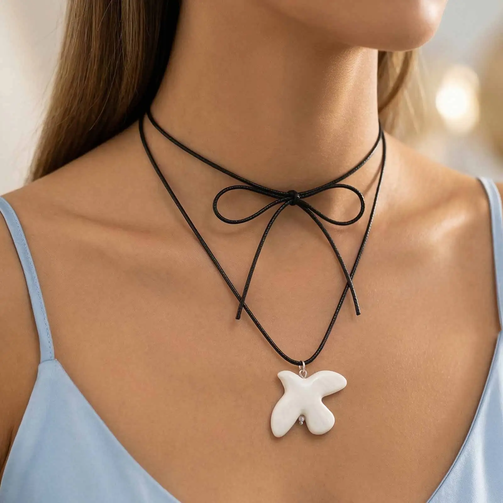 

Vnox Trendy White Ceramic Peace Dove Pendant Necklace Ins Style Elegant White Black Long Rope Chain Pendant Jewelry Accessory