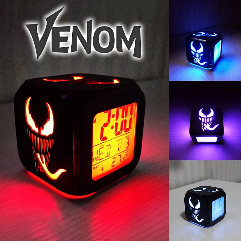

Venom Spider-Man Colorful LED Table Clock Digital Alarm Snooze Display Time Night Light Desktop USB Alarm Clock Home Decor Gift