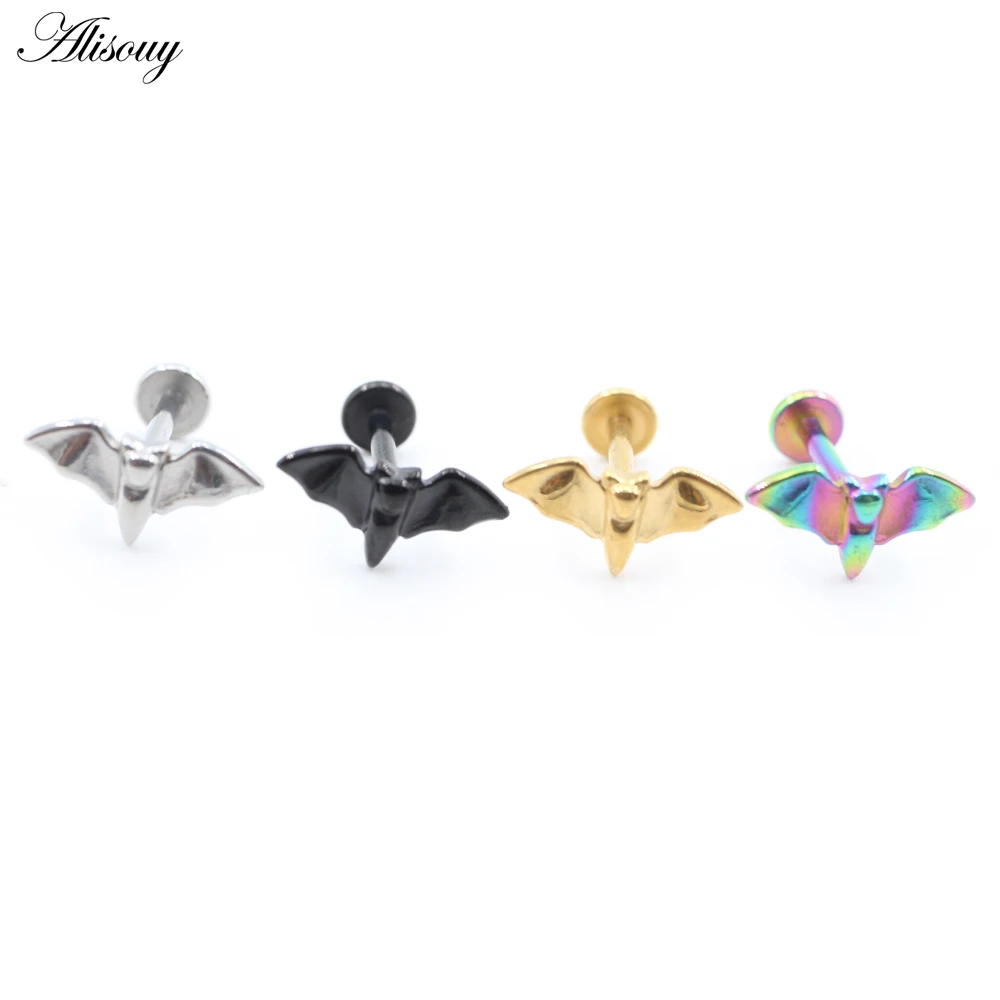1Piece Punk Stainless Steel Bat Internal Thread Tragus Helix Labret Lip Rings Cartilage Earring Piercing Body Jewelry