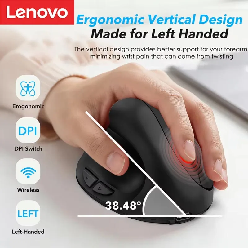 Lenovo 2.4G Wireless Vertical Mouse New Ergonomic Upright Silent Rechargeable with Anti-Sleep Function For Left Handed Use Only