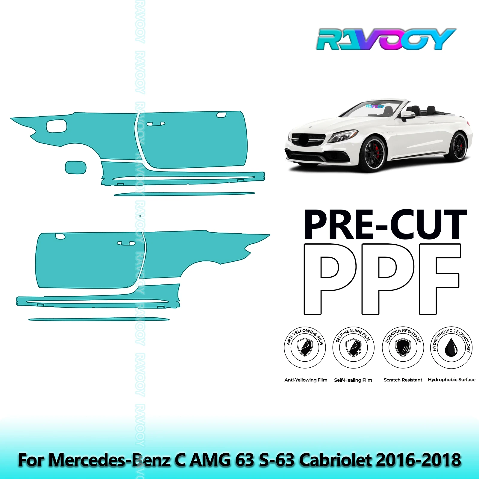 

For Mercedes-Benz C AMG 63 S-63 Cabriolet 2016-2018 8.5mil Pre-Cut PPF Door & A/B Pillar Kit TPU Paint Protection Film Set