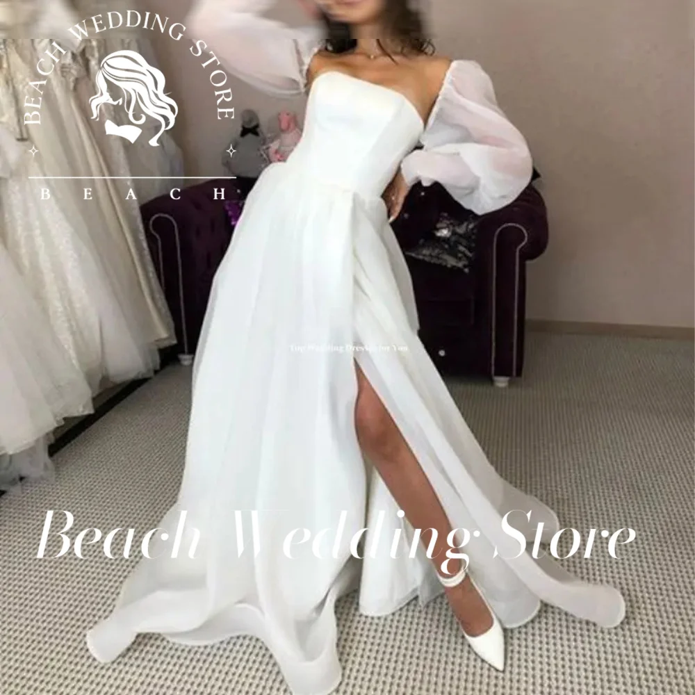 Beach Customized Wedding Dresses Organza Sleeves Bride Dresses Side Split Dubai African Wedding Gowns Vestidos De Novia