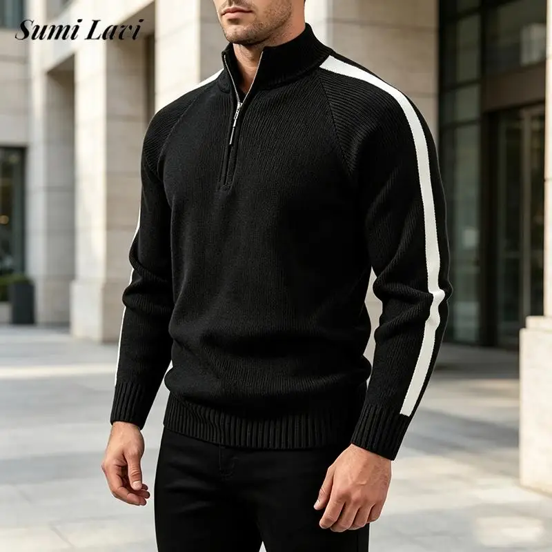 Fashionable Slim Fit Long Sleeve Pullover Vintage Contrast Color Stand Collar Knitted Sweater Casual Autumn Polo Shirts Men