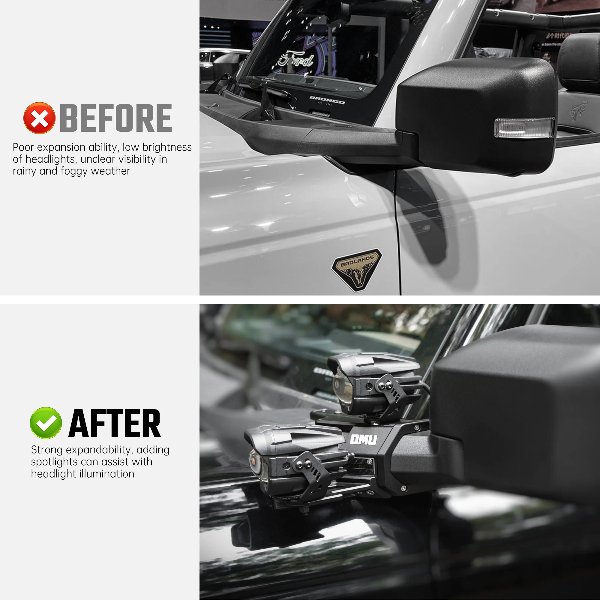 OMU 4x4 A-عمود طبقة مزدوجة الأضواء المساعدة تصاعد بين قوسين للطرق الوعرة LED الضباب الخفيف لفورد برونكو/برونكو رابتور
