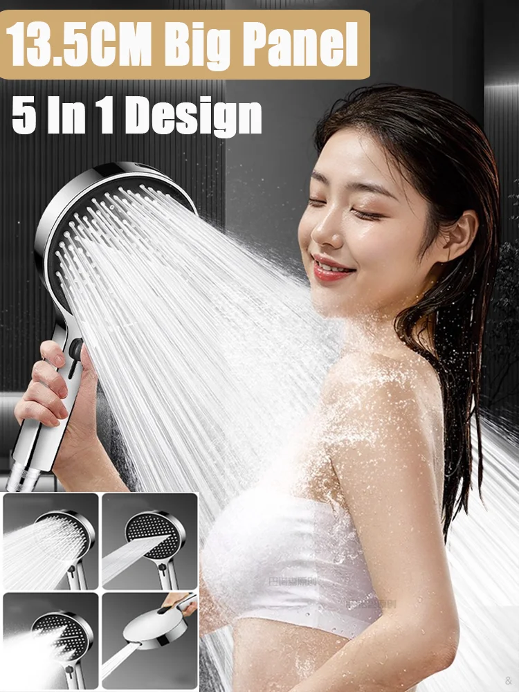 

5 In 1 Design Big Panel Massage Spa Pressurized Shower Head 4 Modes High Pressure Large Flow Rainfall Shower One-Key Stop Shower