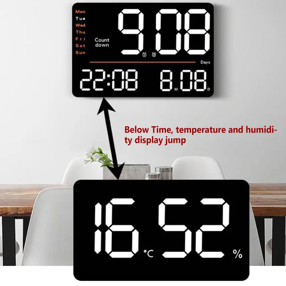 Large Digital Wall Clock Temperature and Humidity Display Night Mode Table Alarm Clock 12/24H Adjustable Electronic LED Clock