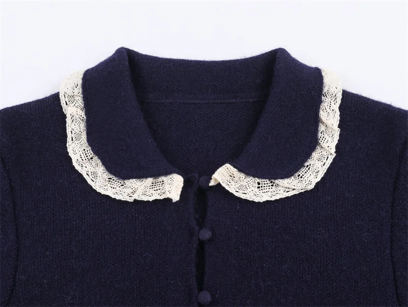 سترة نسائية 2025 شتاء نمط جديد أزرق كحلي ثلاثة أرباع كم الدانتيل المشذبة الياقة سترة متماسكة موضة عادية متعددة الاستخدامات #3