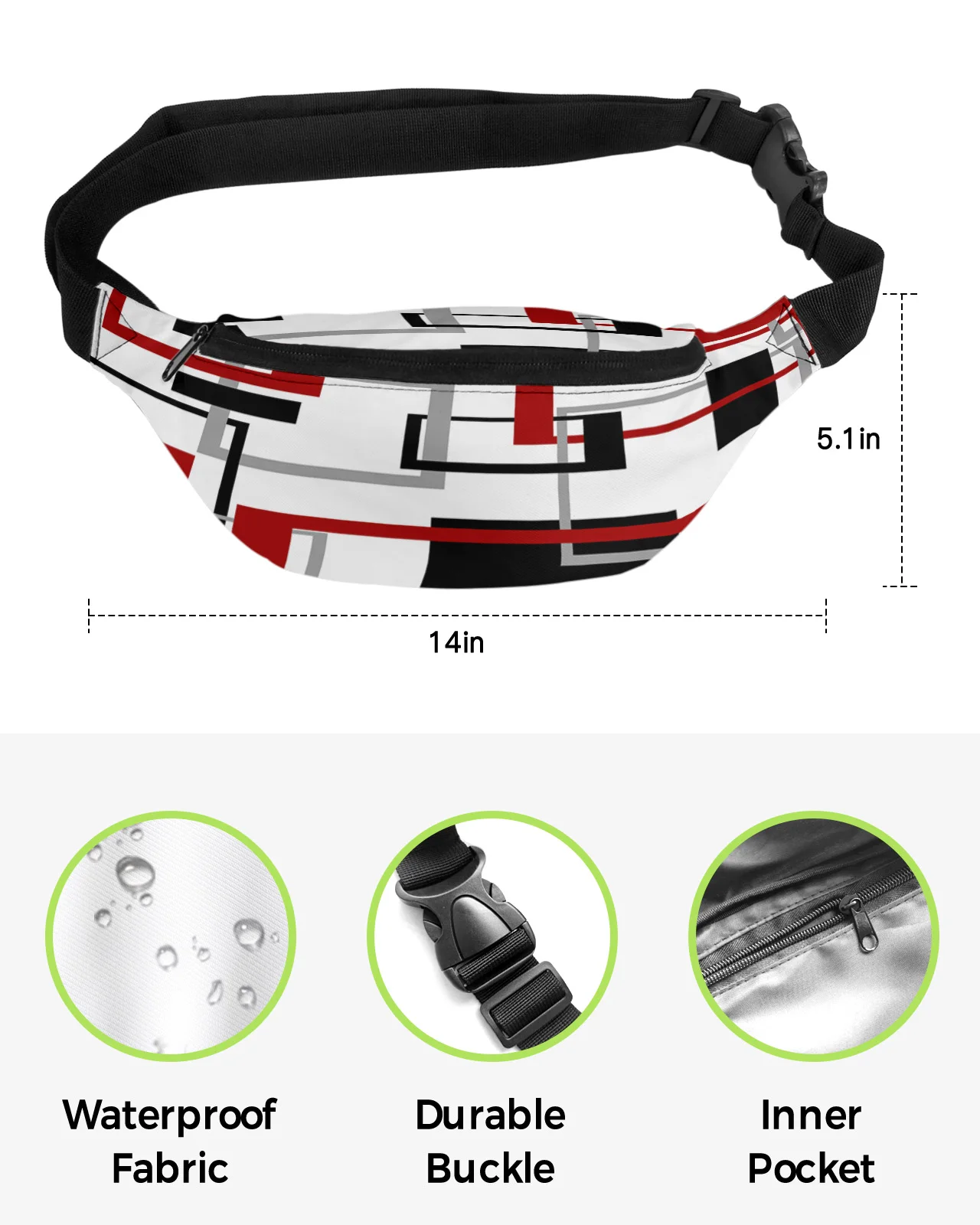 Abstract Geometry Squares Modern Art Black Red Waist Bags for Women Travel Shoulder Crossbody Chest Bags Waterproof Fanny Pack