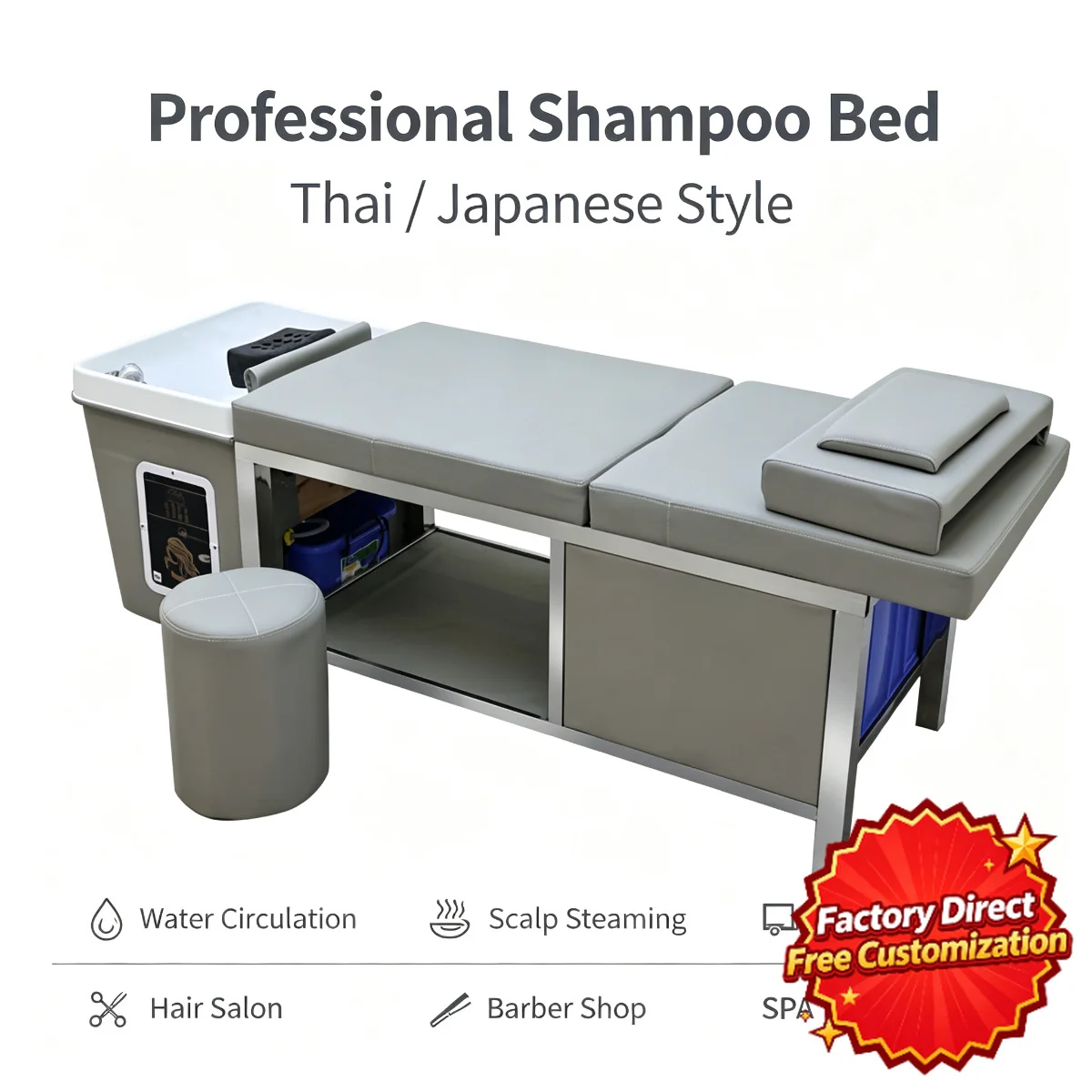 High‑grade Thai Shampoo Bed Beauty Salon Massage Hair Washing Bed With Water Circulation & Storage Cabinet For Spa