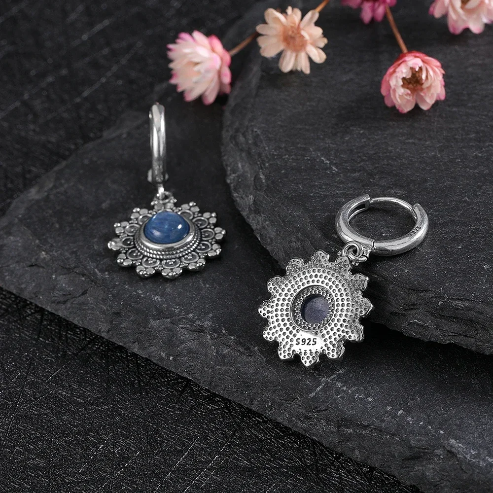 925 Sterling Silver Snowflake Natural 6mm Kyanite Earrings for Women Round Stone Vintage Jewelry Party Anniversary Gifts