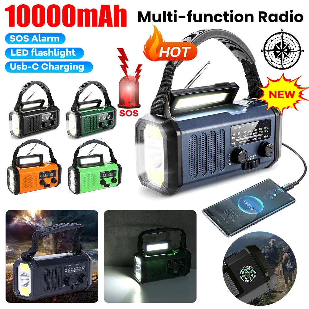 10000mAh Portable Bluetooth Radio Waterproof Solar SOS Alarm Hand Crank Radio AM/FM Weather Radio Emergency Flashlight Radio