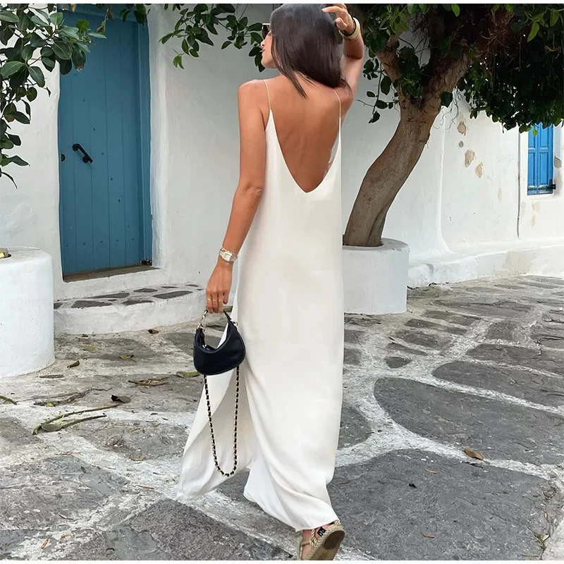 Elegante Frauen Split Maxi kleid Mode lose V-Ausschnitt rücken frei ärmellose Schlinge Kleider Sommer weibliche weiße Strand Urlaub Roben