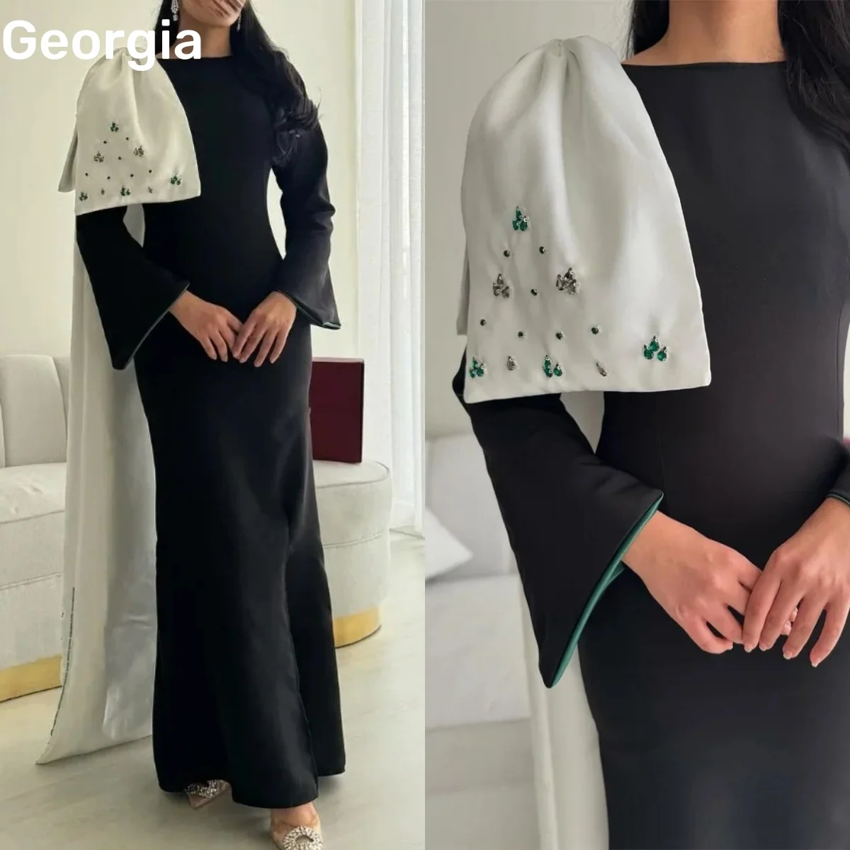 

Customized Evening Dresses Column Scoop Neckline Beadings Floor-Length Wedding Dress Zipper Up Long Sleeves Formal Occasion Dres