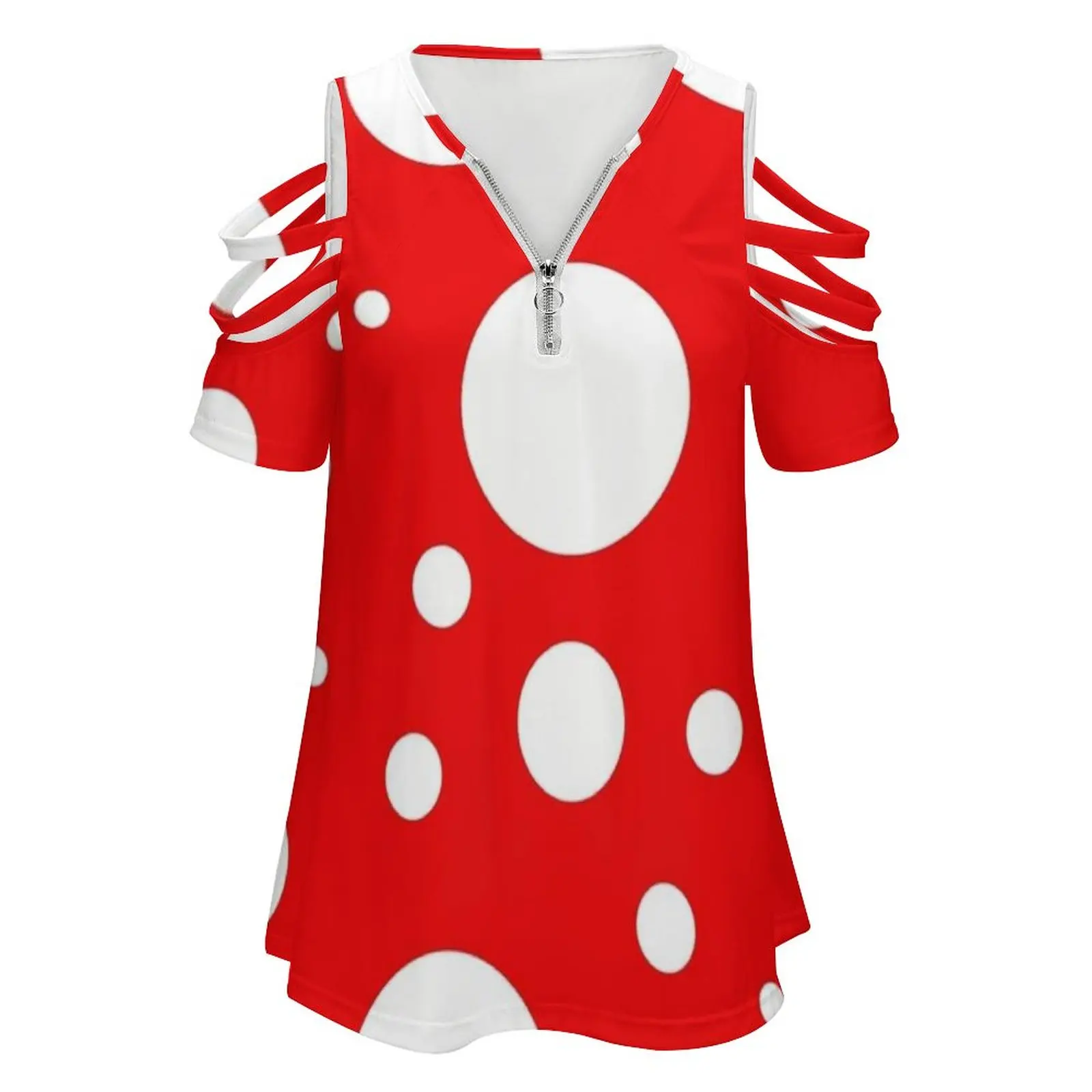 Kusama Yayoi Inspired Pattern New Fashion Zip Off Shoulder Top Short-Sleeve Women Shirt Red White Polka Dots Kusama Yayoi