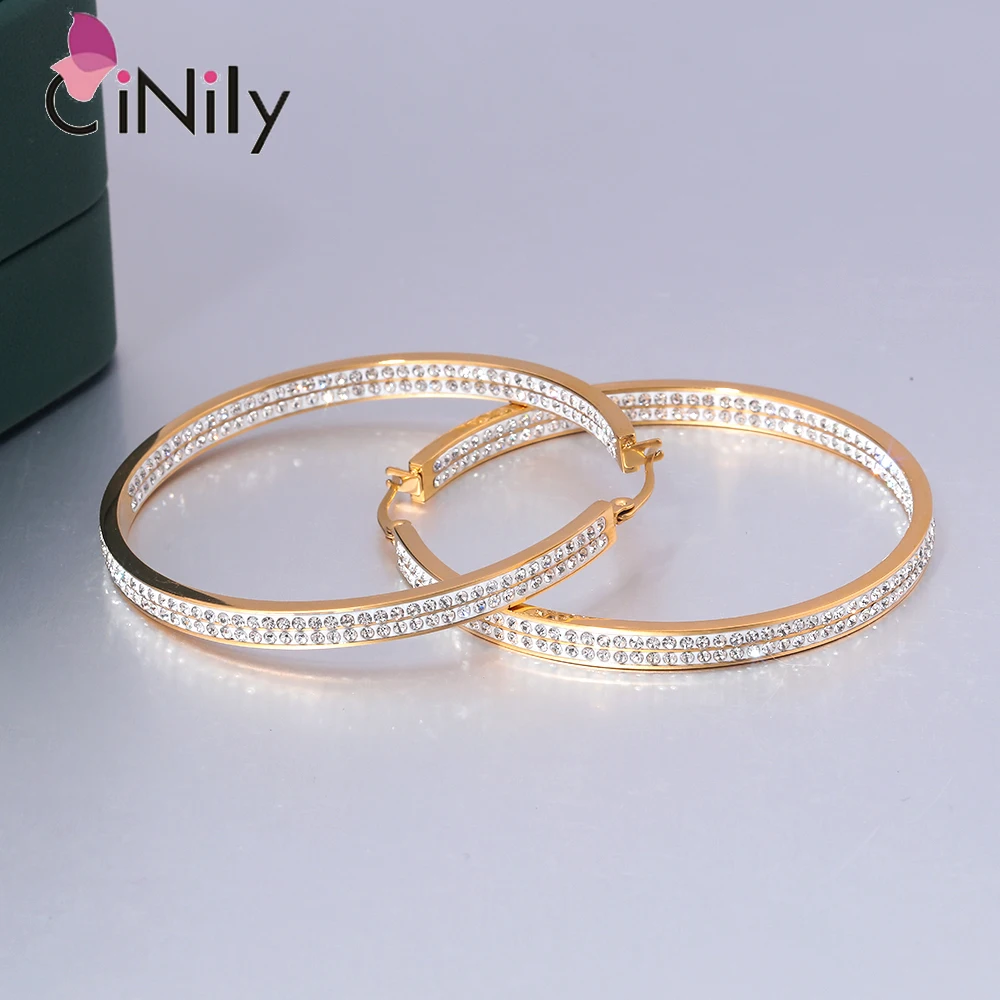 CiNily Stainless Steel Double Layer Cubic Zirconia Hoop Earrings Silver/Rose Gold Plated Large Earrings For Women Girls Party