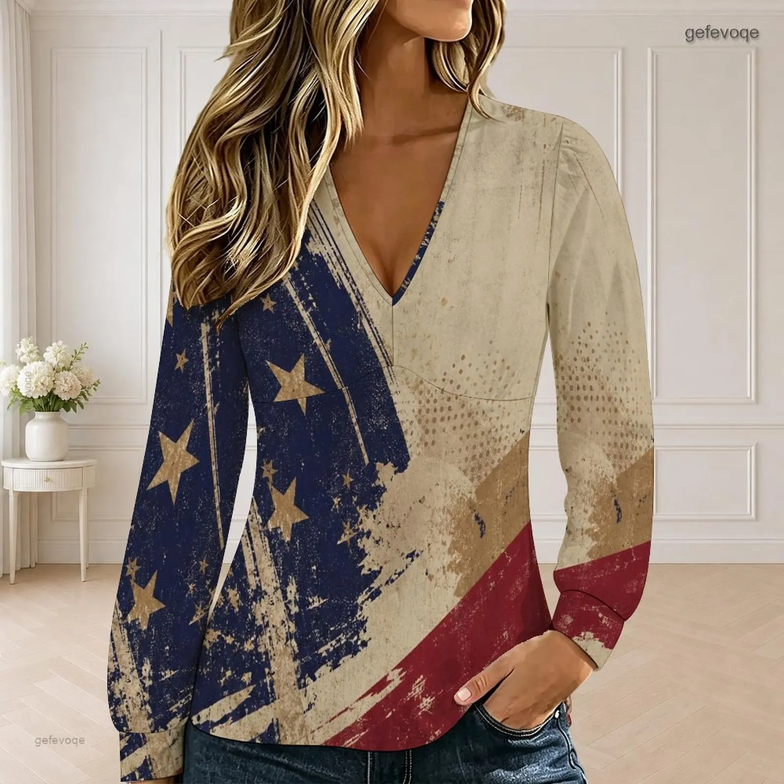 Women V Neck Long Sleeve Top, Vintage Distressed American Flag Star Stripe Printed Top