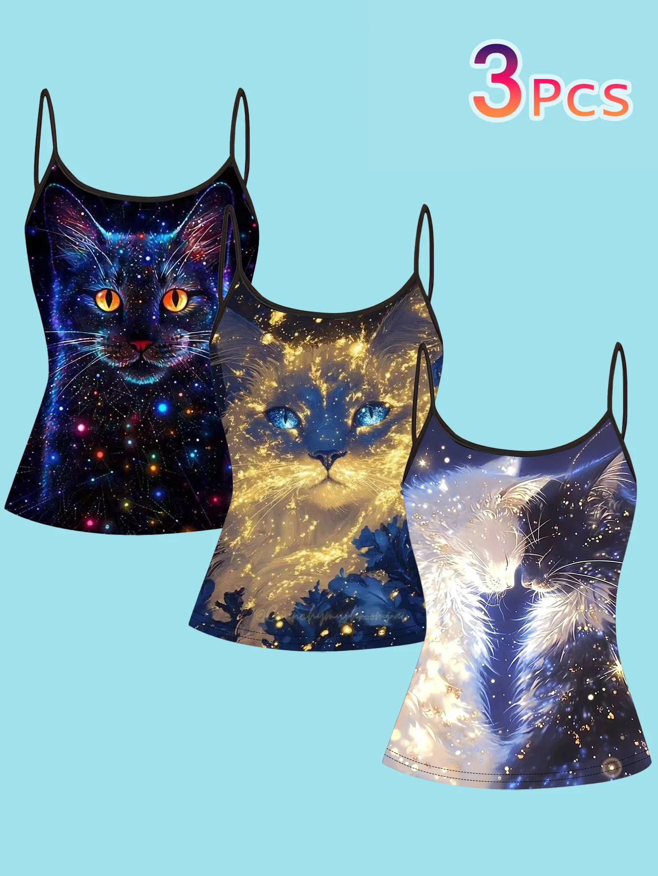 3-Piece Set of Dreamy Starry Sky Cat-Themed Sparkling Star Camisoles, Slim-Fit and Flattering, Suitable for Layering or Wearing Alone