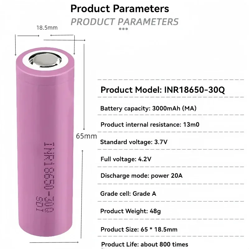 INR 18650 Lithium-ion Rechargeable Battery 3.7V 3000mAh High Power Discharge 20A Current INR18650 30Q for Power Tools