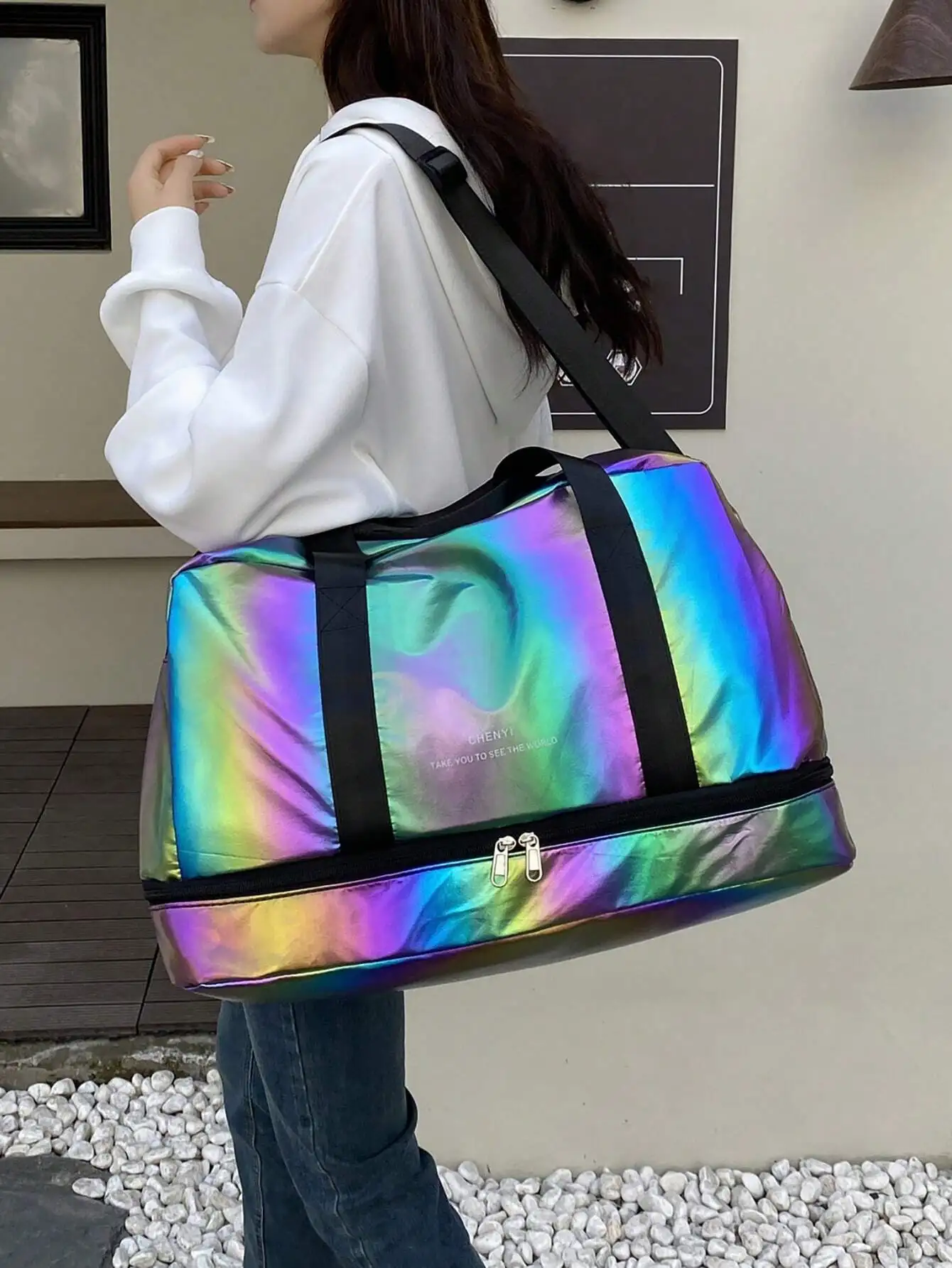 Multi-Pocket Large Capacity Waterproof Women's Tote Bag For Traveling And Luggage Trending Y2K Holographic Bag Glitter Travel Ba